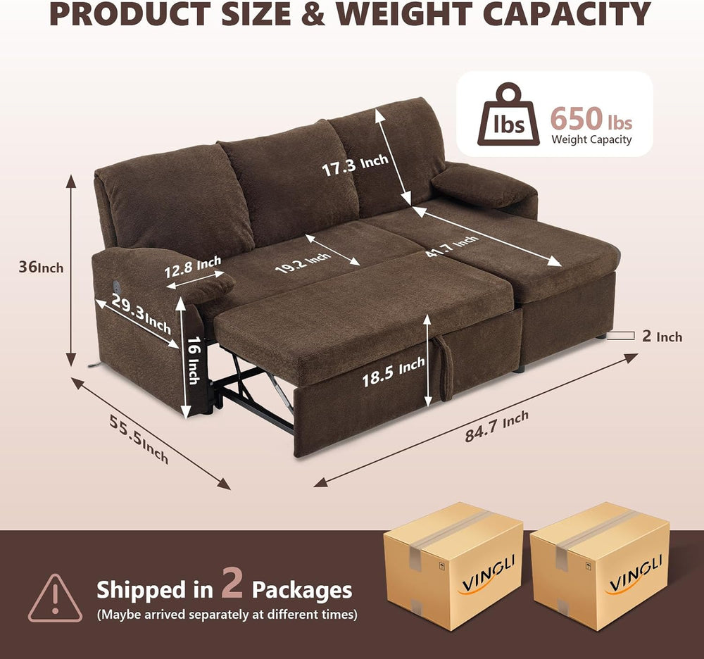 VINGLI Sectional Sleeper Sofa with Pull Out Couch Bed, 85 Inch L-Shaped Conve...