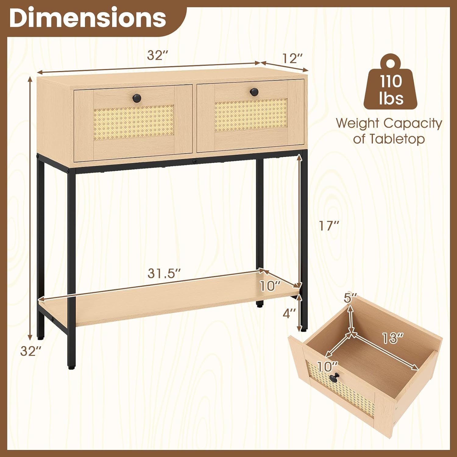 GOFLAME Rattan Console Table, Boho Entryway Table with 2 Drawers & Open Storage Shelf, Narrow Long Sofa Table with Metal Legs, Foyer Table Behind Couch Table for Living Room, Hallway, Natural