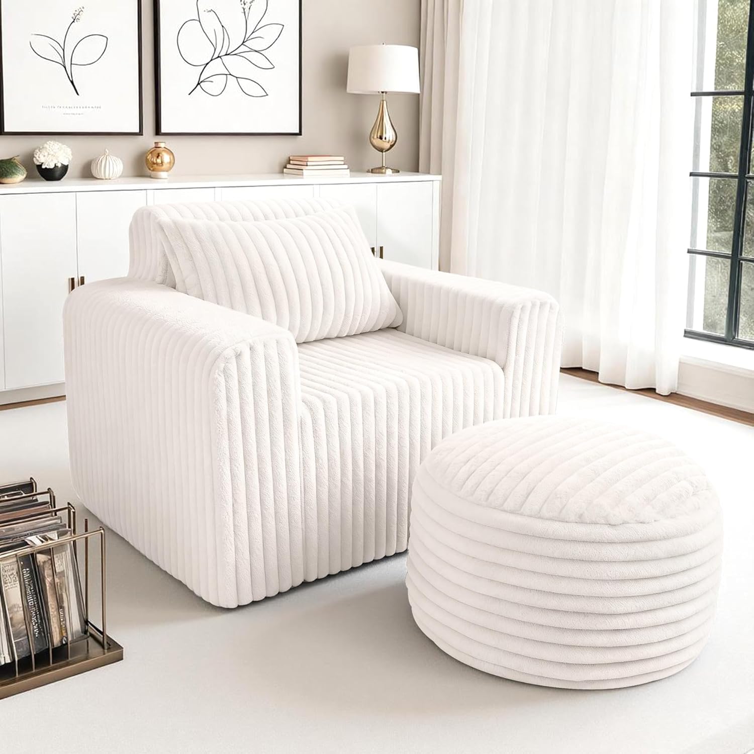 HABUTWAY Bean Bag Chair for Adults with Pillow, Giant Bean Bag Chairs with Ottoman, Comfy Dorm Chair with High Backrest & Wider Armrest, Lounger Chair Indoor for Bedroom Living Room(Beige)