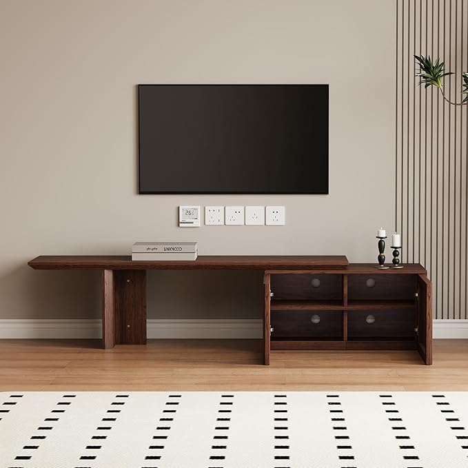 XEW Extendable TV Stand with Storage and Shelves, Wood Entertainment Center for 55+ Inch TV, Modern TV Console, Minimalist Media Console for Living Room, Bedroom-Walnut (Extendable: 63"-86.6")