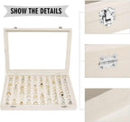 Velvet Ring Display Tray Organizer Box with Transparent Lid, 100 Slot Ring Holder Showcase For Store Display Jewelry Show Home, Ring Organizer For Rings Earrings (Beige)