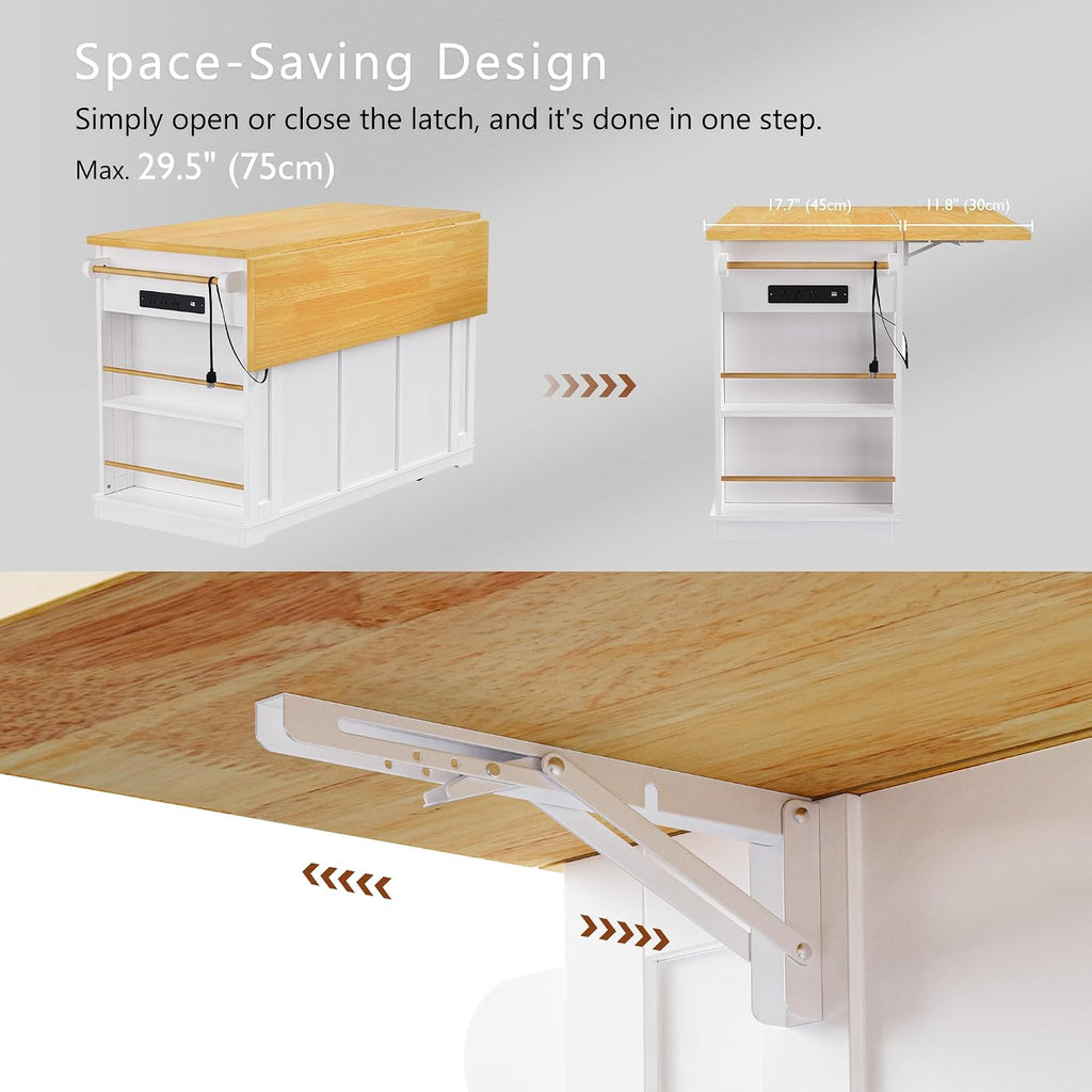 Rolling Kitchen Island with Drop Leaf & Power Outlet, Large Kitchen Islands Cart on Wheels, Movable Kitchen Island with 5 Open Storage Shelves & Towel Rack for Kitchen, Dining Room, 53-Inch, White