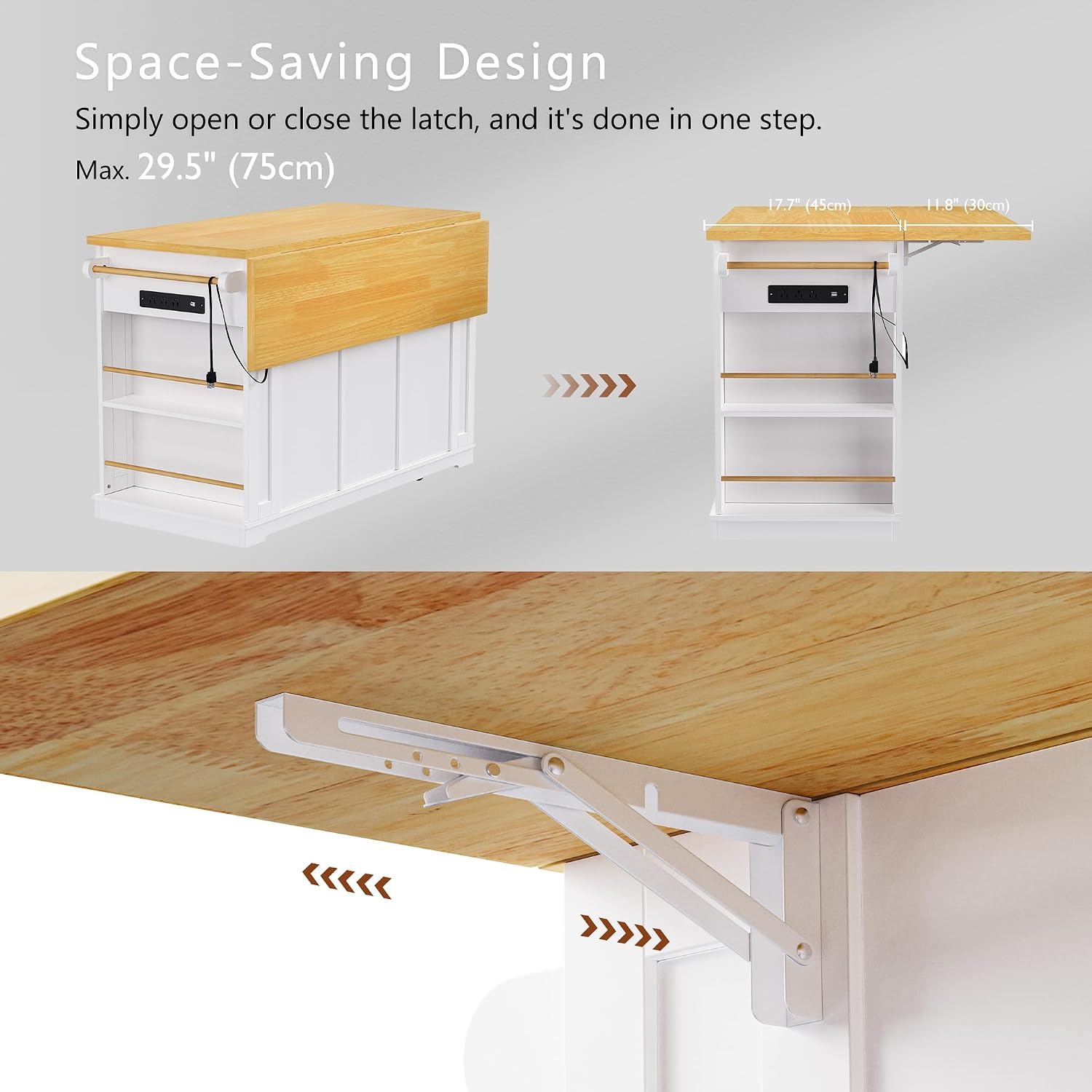 Rolling Kitchen Island with Drop Leaf & Power Outlet, Large Kitchen Islands Cart on Wheels, Movable Kitchen Island with 5 Open Storage Shelves & Towel Rack for Kitchen, Dining Room, 53-Inch, White