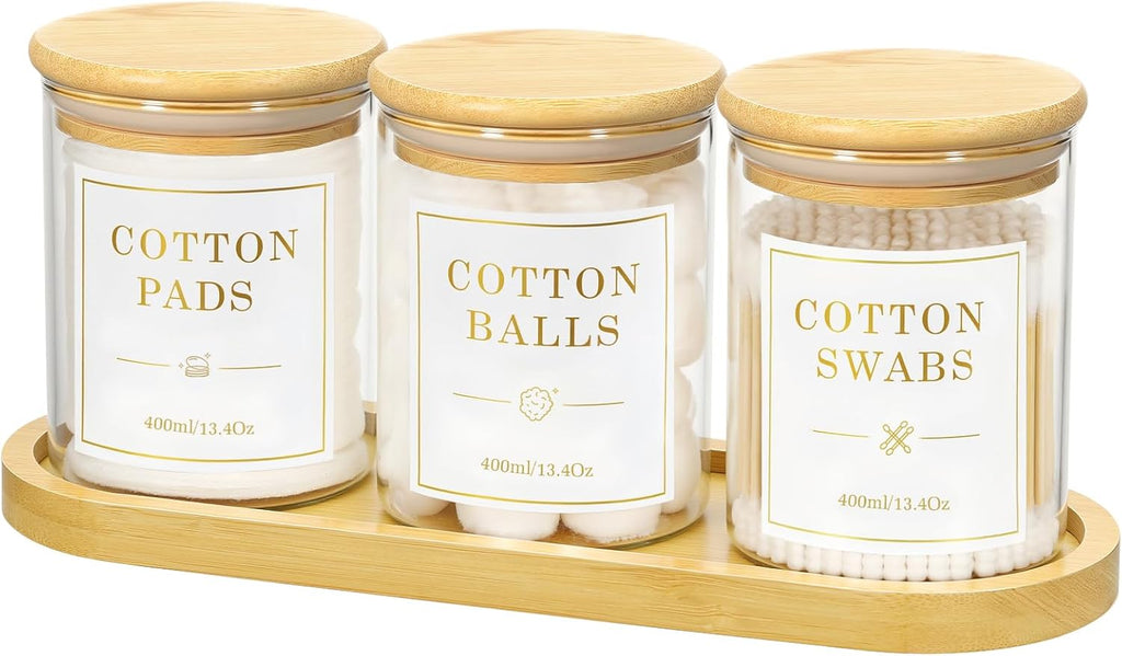 Luxspire Glass Qtip Holder with Vanity Tray, 3 Pack Cotton Swab Holder with Bamboo Lid, 13.4 oz Glass Apothecary Jars Bathroom Accessories Canisters for Cotton Swabs, Balls, Pads, Floss Picks
