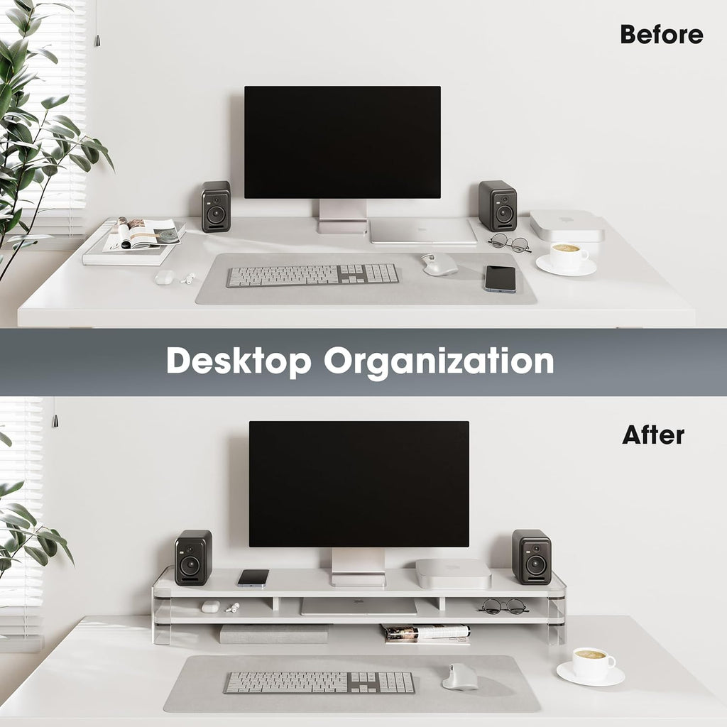 Fenge Acrylic Monitor Stand Riser, Clear Dual Acrylic Computer Monitor Stand for 2 Monitors, 2 Tier Wood Office Desk Storage Organizer for Laptop, Computer, TV Stand
