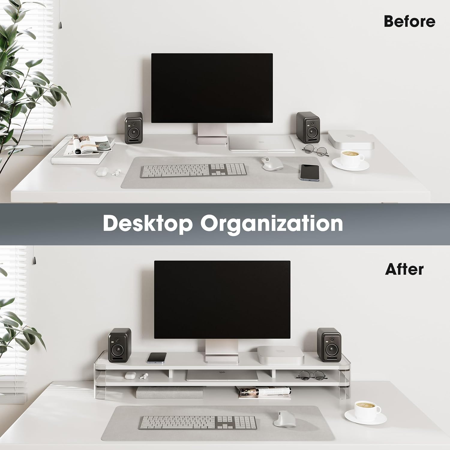 Fenge Acrylic Monitor Stand Riser, Clear Dual Acrylic Computer Monitor Stand for 2 Monitors, 2 Tier Wood Office Desk Storage Organizer for Laptop, Computer, TV Stand