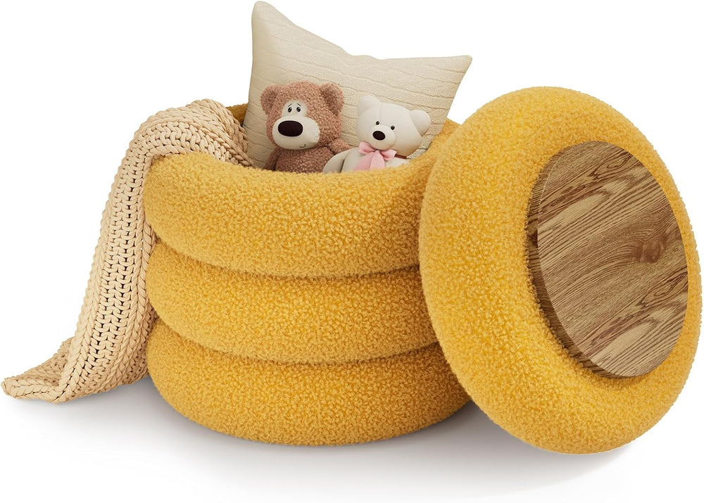 Soft Teddy Round Ottoman with Tray, 17.5 Inches Ottoman Coffee Table with Sto...
