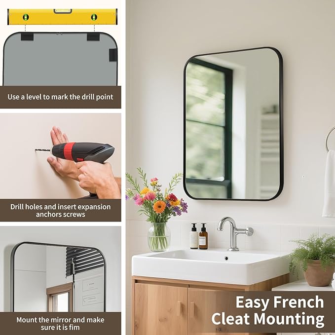 Black Bathroom Mirror, 24x32 Inch Aluminum Frame Rectangle Mirror, Anti-Rust, Tempered Glass, Wall Mirror for Over Sink, Vanity, Bedroom, Entryway, Horizontal/Vertical