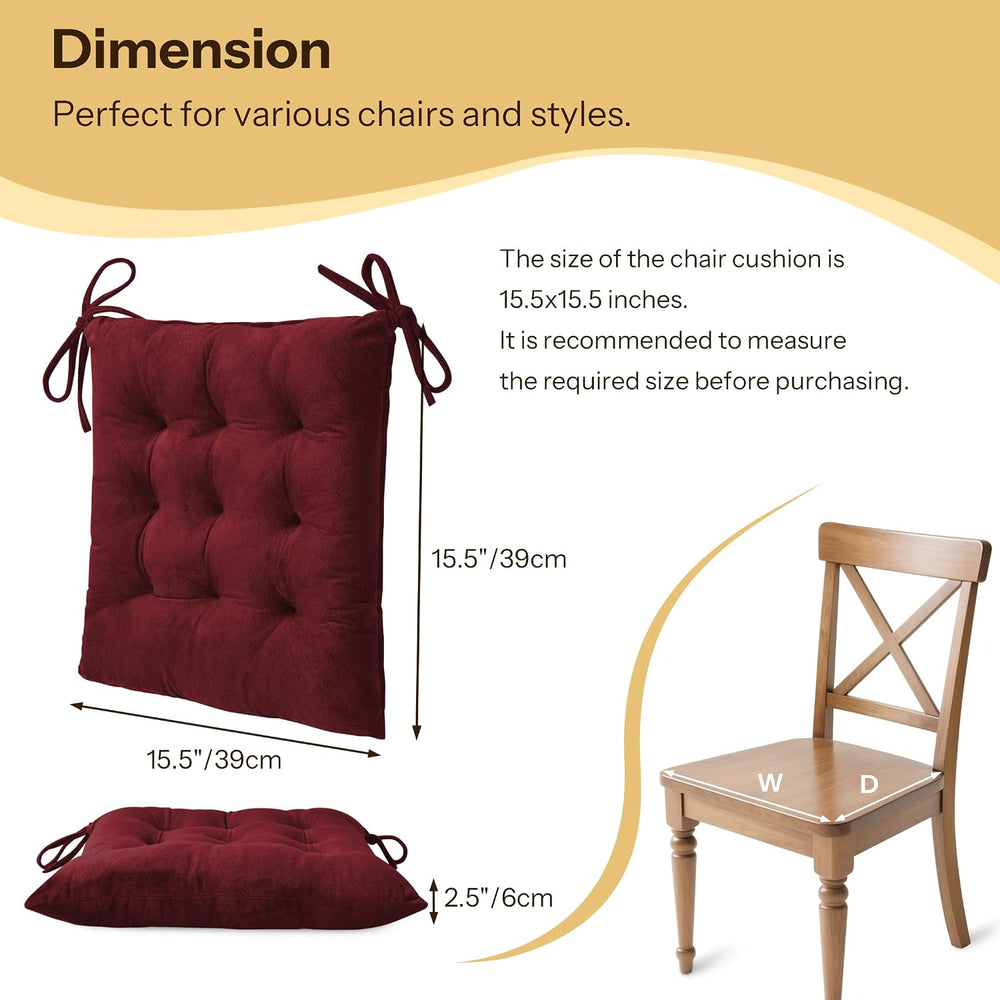 Kitchen Chair Cushions Set of 4 with Ties 15.5"x15.5" Burgundy