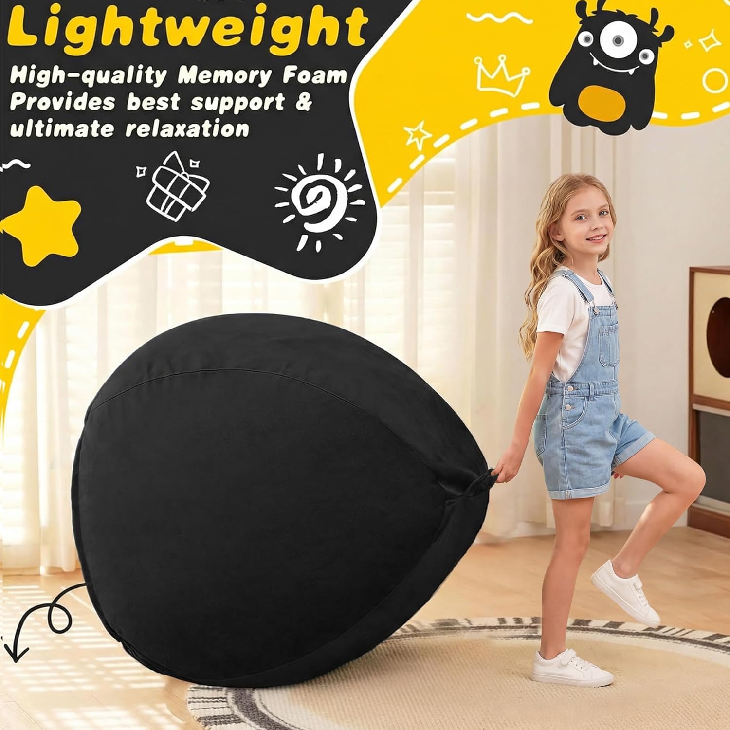 HABUTWAY 2FT Bean Bag Chair, 2' Beanbags Small Bean Bag Chairs with Filling, Teardrop Bean Bag Chair Luxurious Velvet Ultra Soft Fur with Removable Cover (Black)