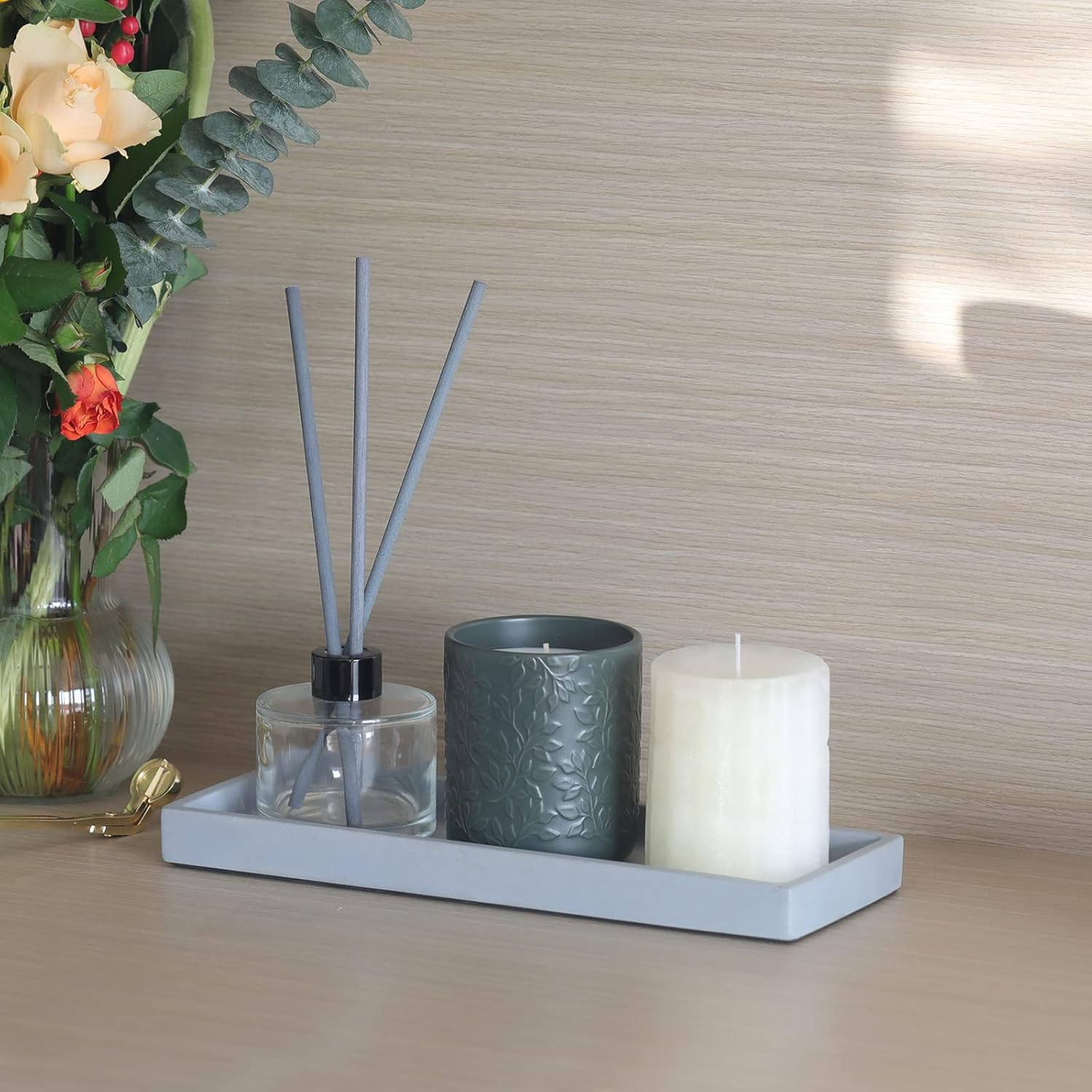 FREELOVE Concrete Countertop and Vanity Tray – Small Soap Dispenser Bottles Makeup Organizer Perfume Candle Key Trinket Ring Holder for Bathroom Toilet Tank Kitchen Sink, Grey, Rectangle 5.3''X11''