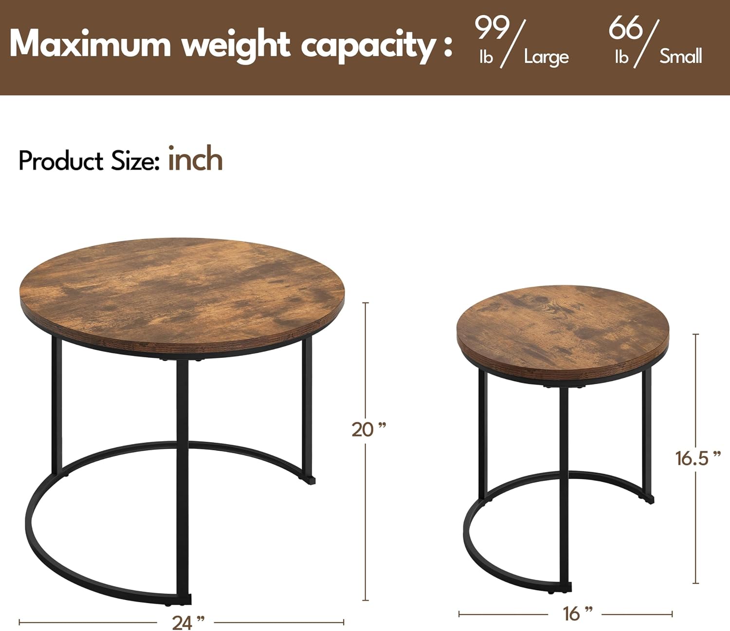 Yaheetech Small Round Nesting Coffee & Side Table Set of 2, Rustic Brown | Space-Saving Nesting Design, Engineered Wood Tops on Black Metal Frames, Use Apart as End Tables, Easy Assembly, 99 lb Max