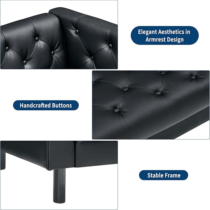 GarveeHome 81 in Leather Couch for Living Room, Modern Leather Sofa with Deep Seat, Handmade Button Tufted 3 Seater Sofa, Chesterfield Couch for Apartment, Office, Black