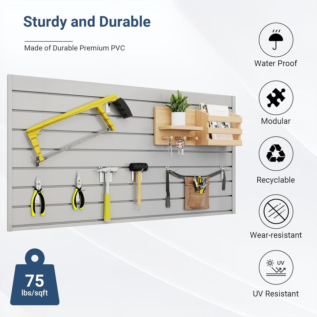 Slatwall Panel 4 FT x 2 FT, Interlocking Slat Wall Paneling, Wall Mounted PVC Slat Wall Panels, Suitable for Garage Storage, Slatwall Board, Shelves - Grey