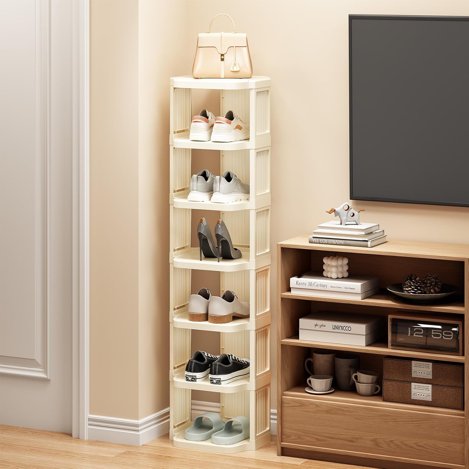 Kitstorack 10 Tiers Stackable Shoe Rack for Closet and Front Door Entrance - Free Standing Plastic Stand, Narrow Tall Vertical Organizer for Small Spaces Storage, White