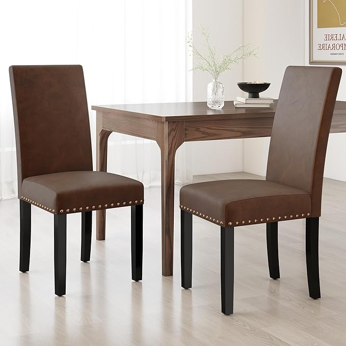 LSSBOUGHT Dining Chairs Set of 2, Modern Dining Room Chair,Upholstered Pu Leather Kitchen Chair with Vintage Copper Nail for Restaurant & Cafe(Brown,2pcs)