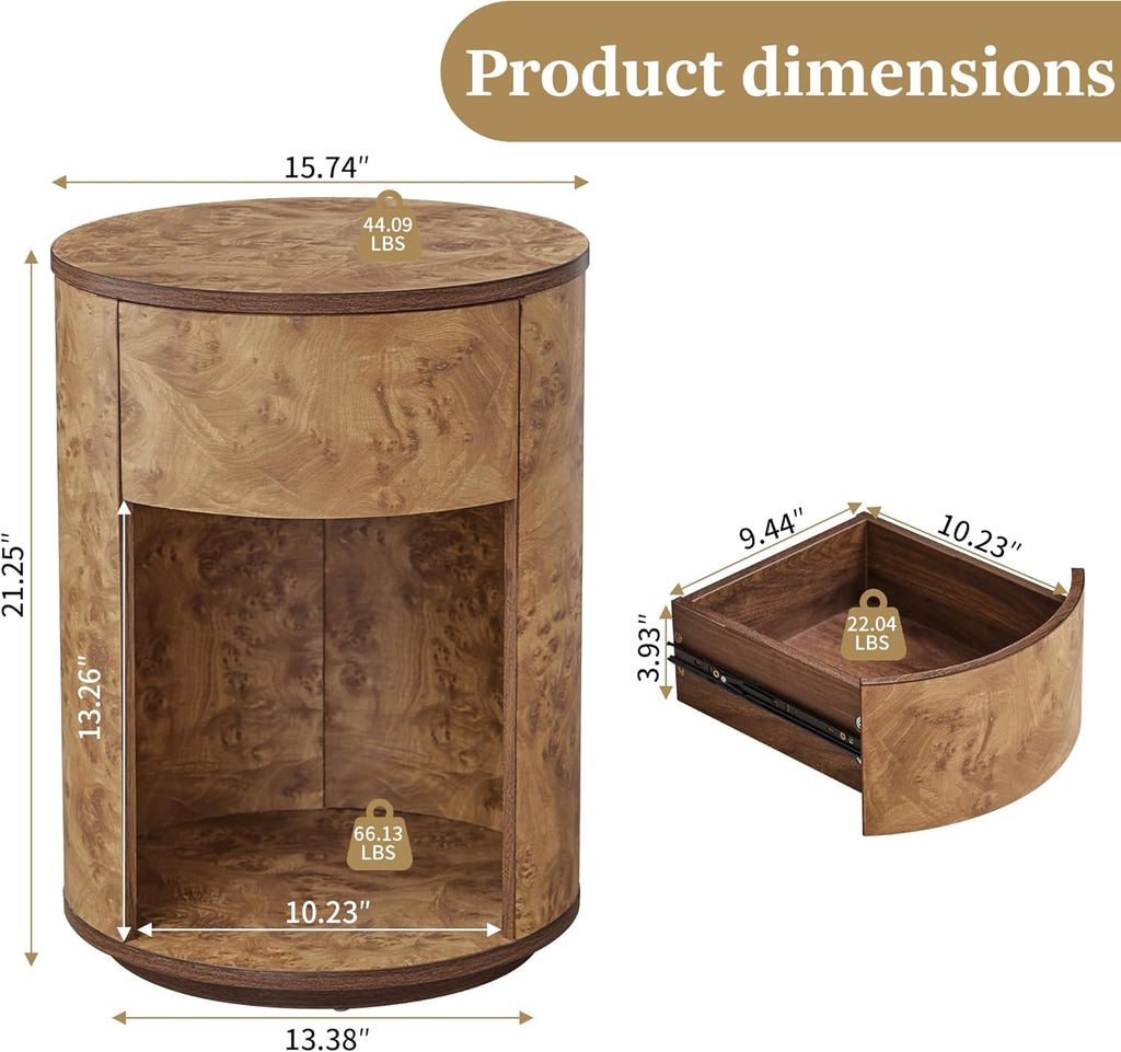 Side Table with Drawer, Round Bedside Table with Open Shelf, Farmhouse Burl Wood Nightstand Accent Table for Living Room, Bedroom (Walnut, 1-Pack)