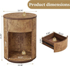 Side Table with Drawer, Round Bedside Table with Open Shelf, Farmhouse Burl Wood Nightstand Accent Table for Living Room, Bedroom (Walnut, 1-Pack)