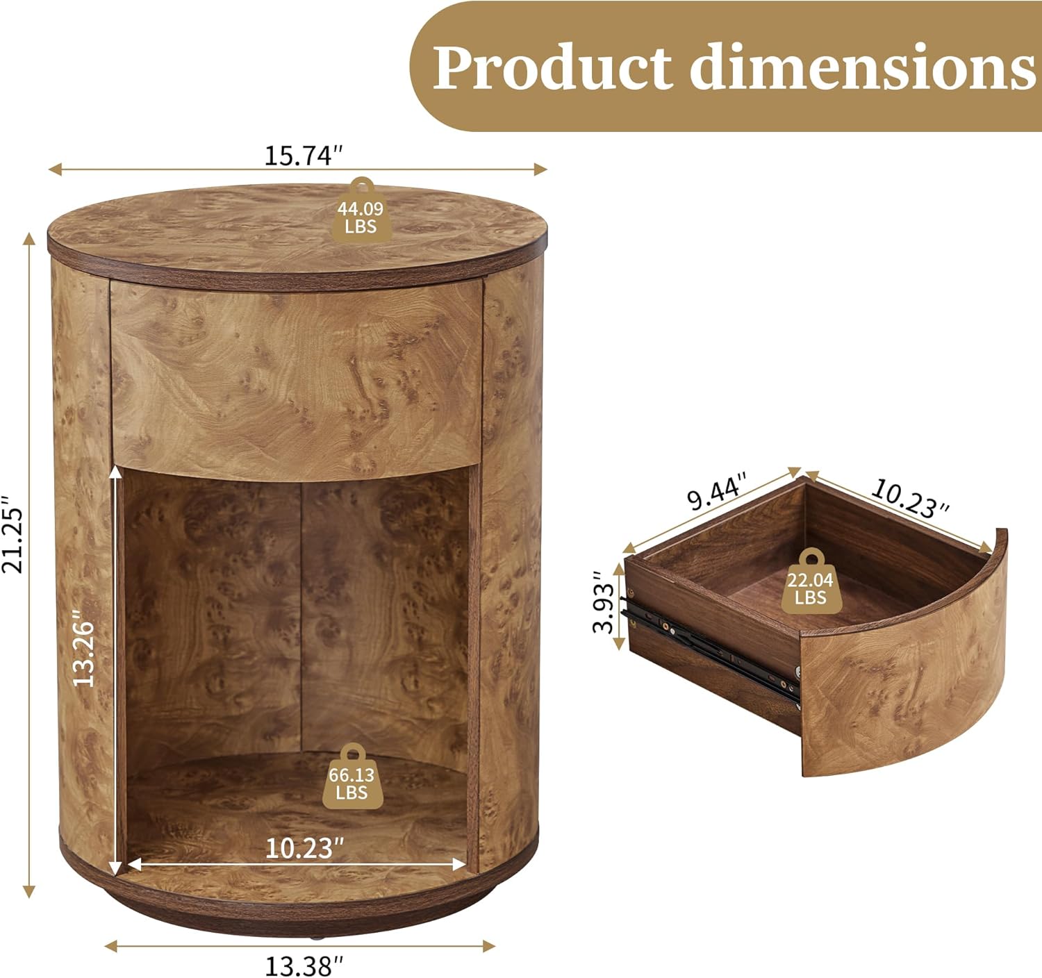 Side Table with Drawer, Round Bedside Table with Open Shelf, Farmhouse Burl Wood Nightstand Accent Table for Living Room, Bedroom (Walnut, 1-Pack)