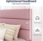 Allewie Twin Size Platform Bed Frame with Velvet Upholstered Headboard and Wooden Slats Support, Fully Upholstered Mattress Foundation/No Box Spring Needed/Easy Assembly, Pink