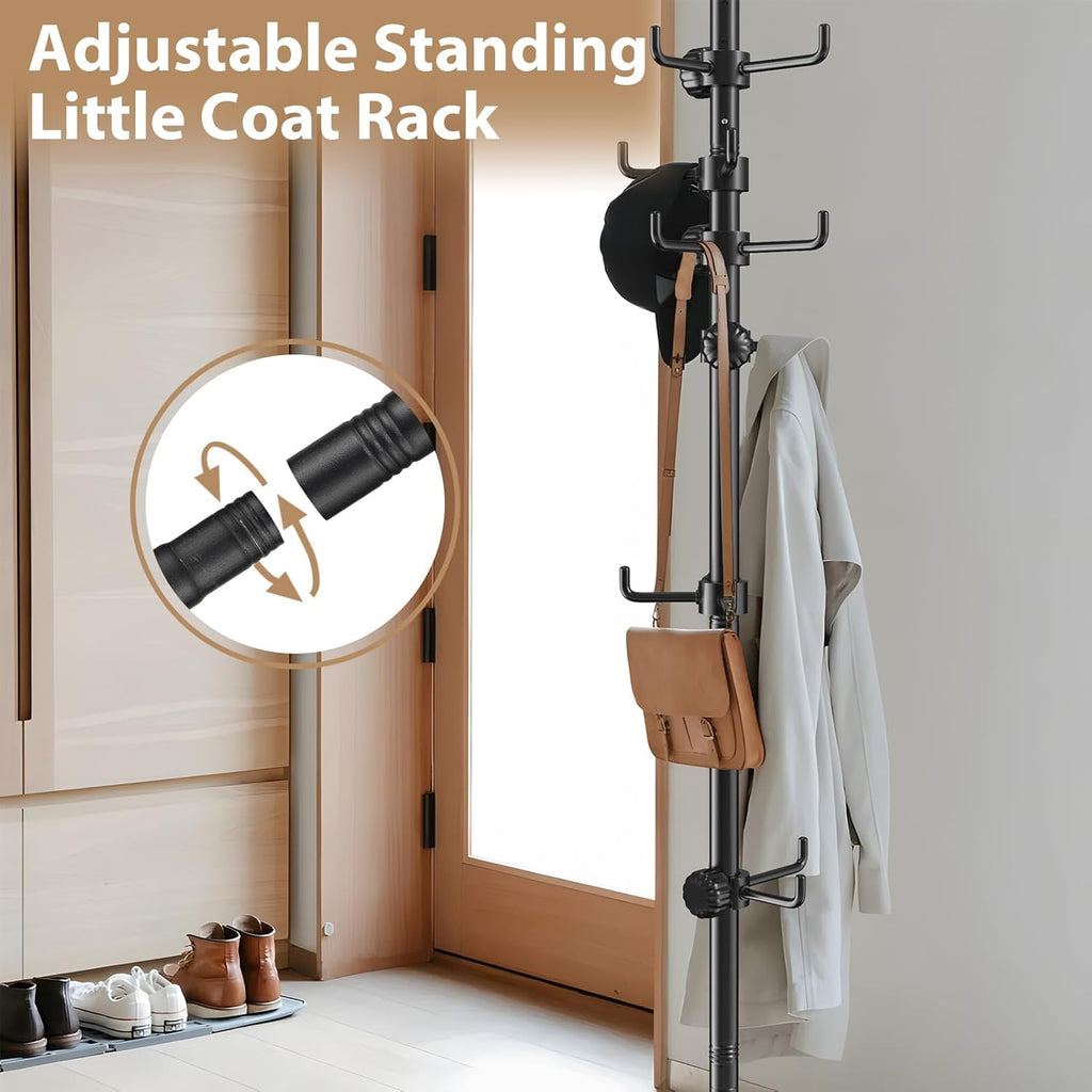 Coat Rack Freestanding, 56 to 125 inch Adjustable Tension Rod Hanger with 12 Hooks for Hanging Coat, plant,Jacket, Hat, Scarf, Suitable for Living Room, Balcony, Kitchen Black