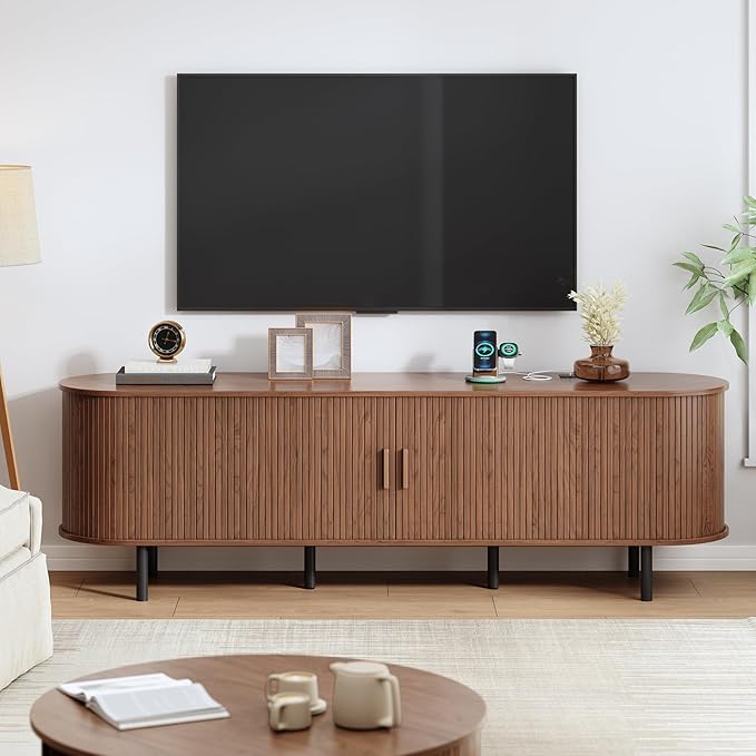 70.8" TV Stand with Power Outlet, Mid-Century Modern Television Stand, Fluted Media Console with Sliding Doors, Entertainment Center for TVs up to 60 Inch, Adjustable Shelves, Walnut