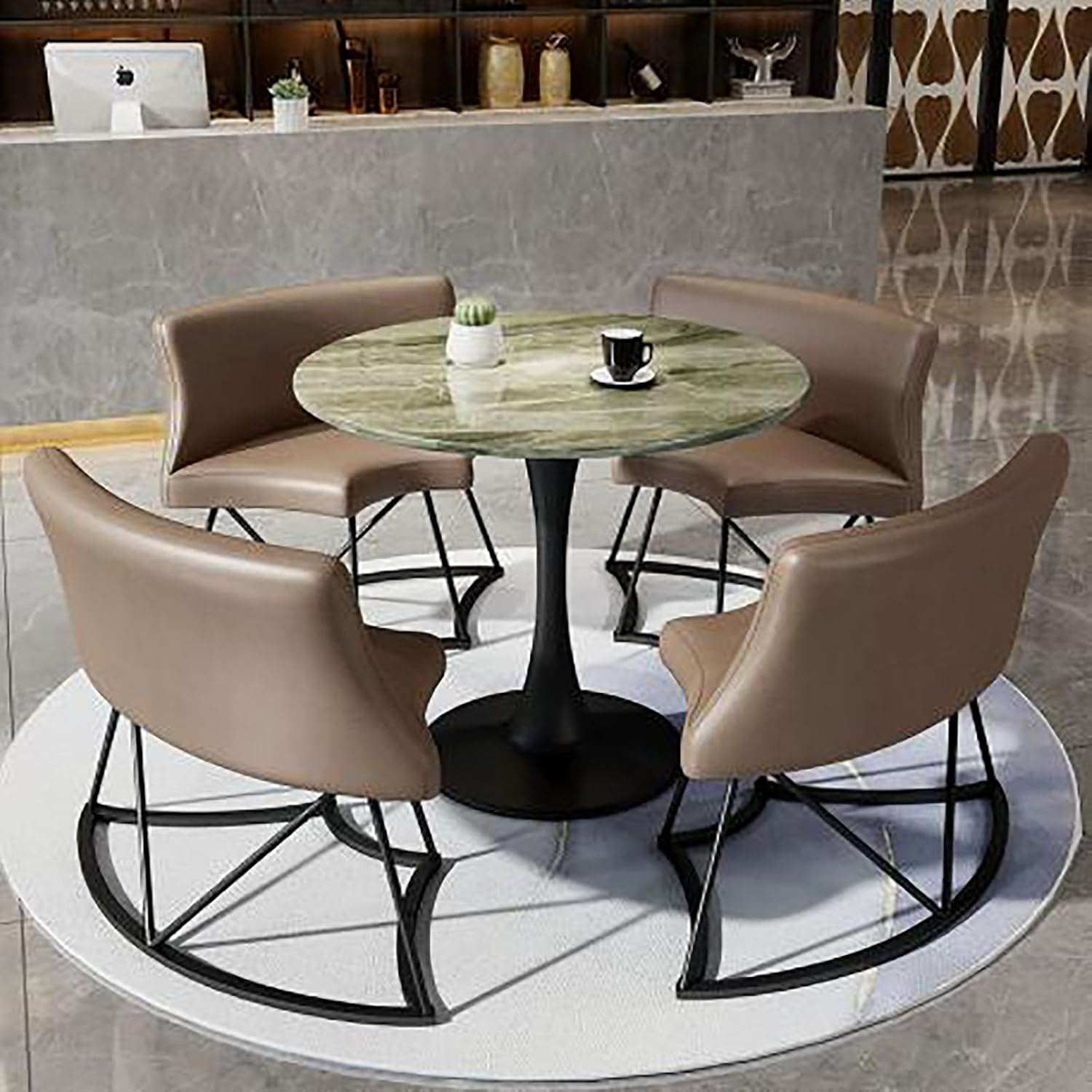 31.5" Round Dining Table Set for 4,Modern Kitchen Table Set with 4 Faux Leather Chairs,Natural stone slab tabletop Breakfast Table,Small Space Saving Conference Table,Reception Table for Dining Room