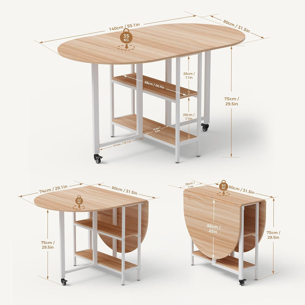 Mondeer Mobile Folding Dining Table, Drop Leaf Table with 2 Open Storage Shel...