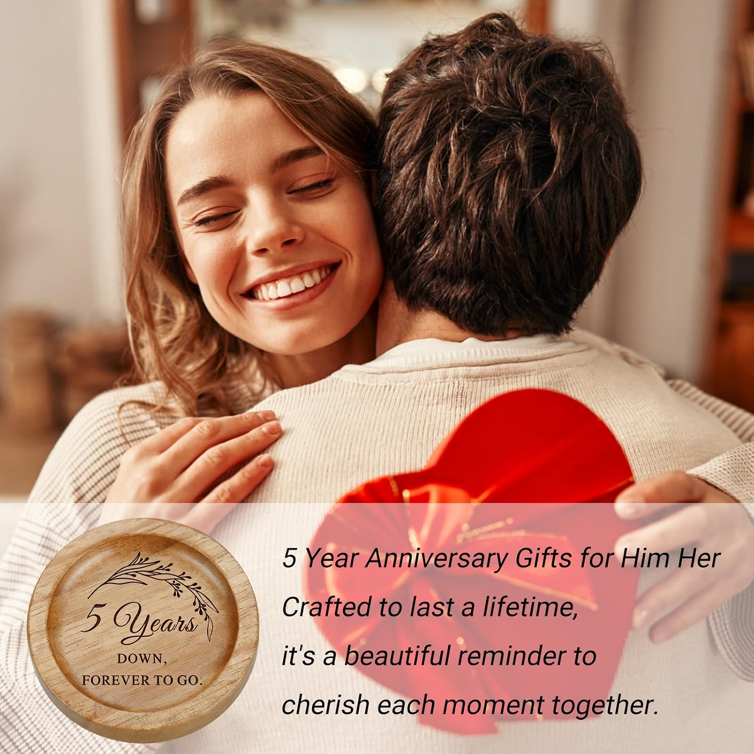5 Year Anniversary Wood Gifts for Him Her, 5th Anniversary Ring Holder | Wood Wedding Anniversary Decor Ring Dish Jewelry Tray for Him Her Husband Wife Boyfriend Girlfriend Couple Birthday Christmas