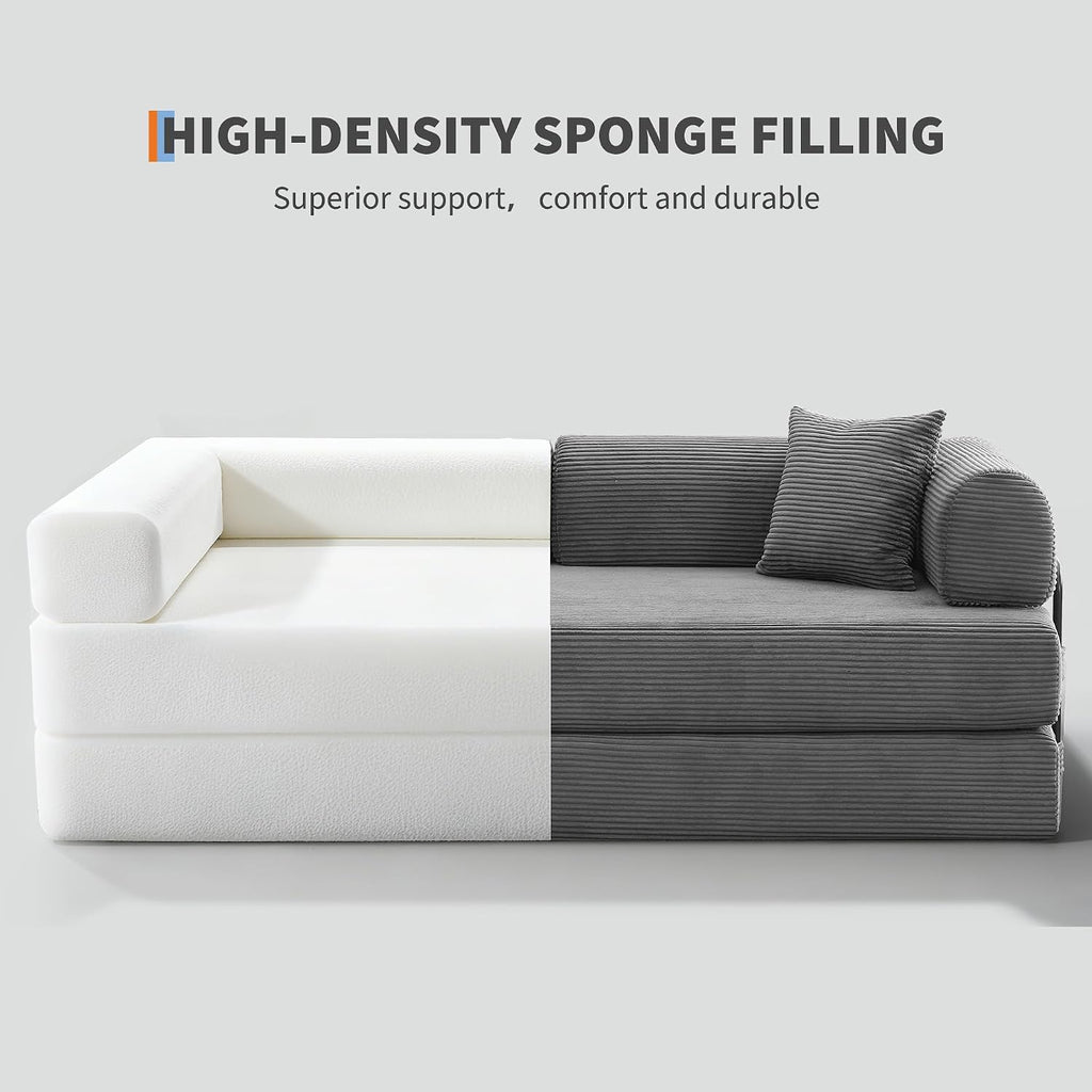 IDEALHOUSE 79" Convertible Futon Sofa Bed, Boneless Couch for Living Room | Folding Corduroy Sleeper Sofa, Modular Pull Out Couch with Pillows, Loveseat,No Assembly | Gray