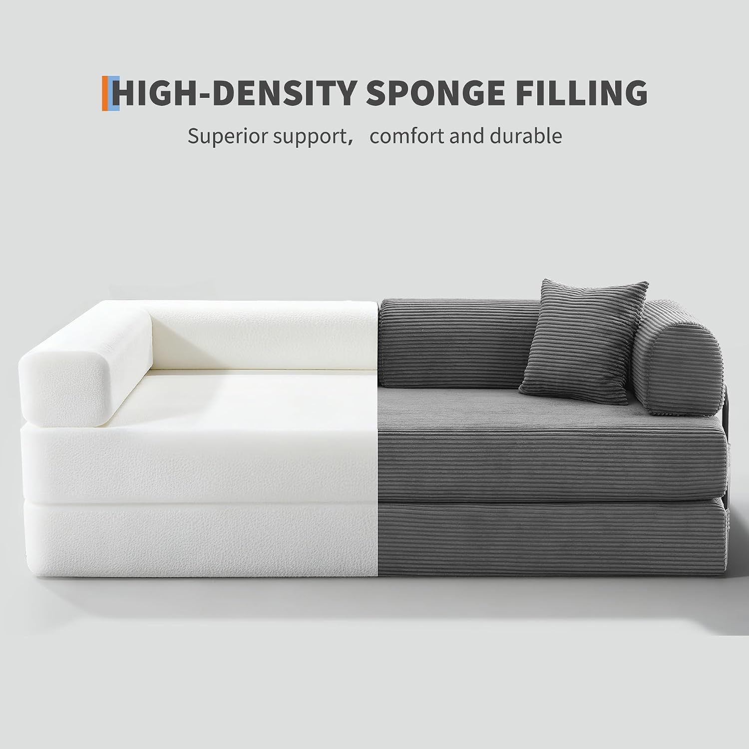 IDEALHOUSE 79" Convertible Futon Sofa Bed, Boneless Couch for Living Room | Folding Corduroy Sleeper Sofa, Modular Pull Out Couch with Pillows, Loveseat,No Assembly | Gray