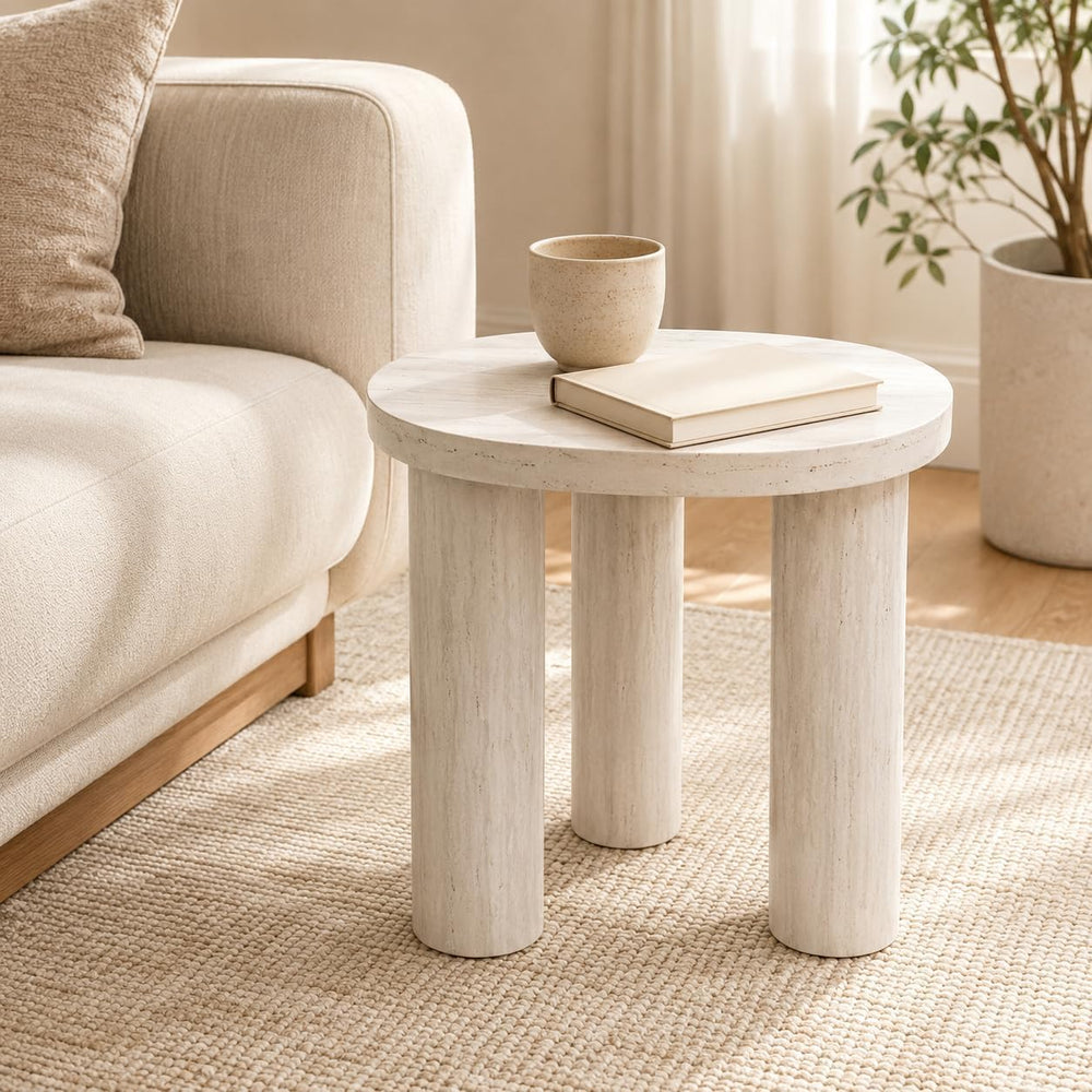 Small Round Side Table, Light Wood Grain End Table with 3 Cylindrical Legs, M...