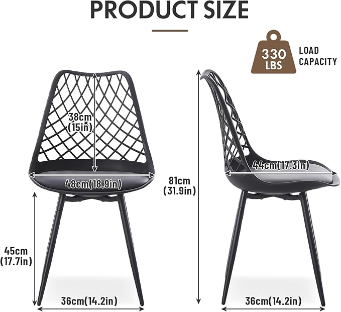 Set of 4 Modern Dining Chairs - Plastic Kitchen Shell Chairs with PU Leather Cushion Padded Seat - Mesh Design Side Chair for Indoor/Outdoor Dining Room Living Room Cafe Restaurant and Office -Black