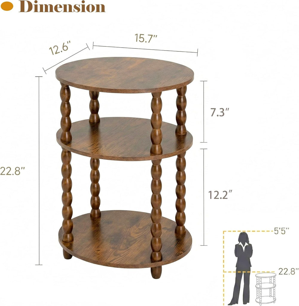 3-Tier Oval Side Table with Solid Wood Legs, Small End Table with Storage She...