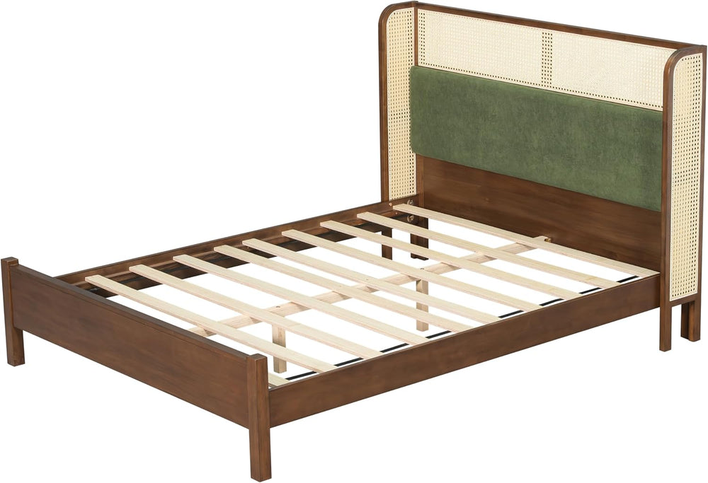 Merax Classic Retro Queen Platform Bed with Rattan Headboard, Wood Bed Frame ...