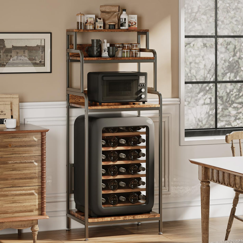 COCOLUCKY 4-Tier Mini Fridge Stand with Storage, Microwave Stand,Multi-Functional Mini Fridge Shelf Cabinet,Baker Rack Organizer for Dorm, Apartment, Small Kitchen, Office, Living Room (Vintage Brown)