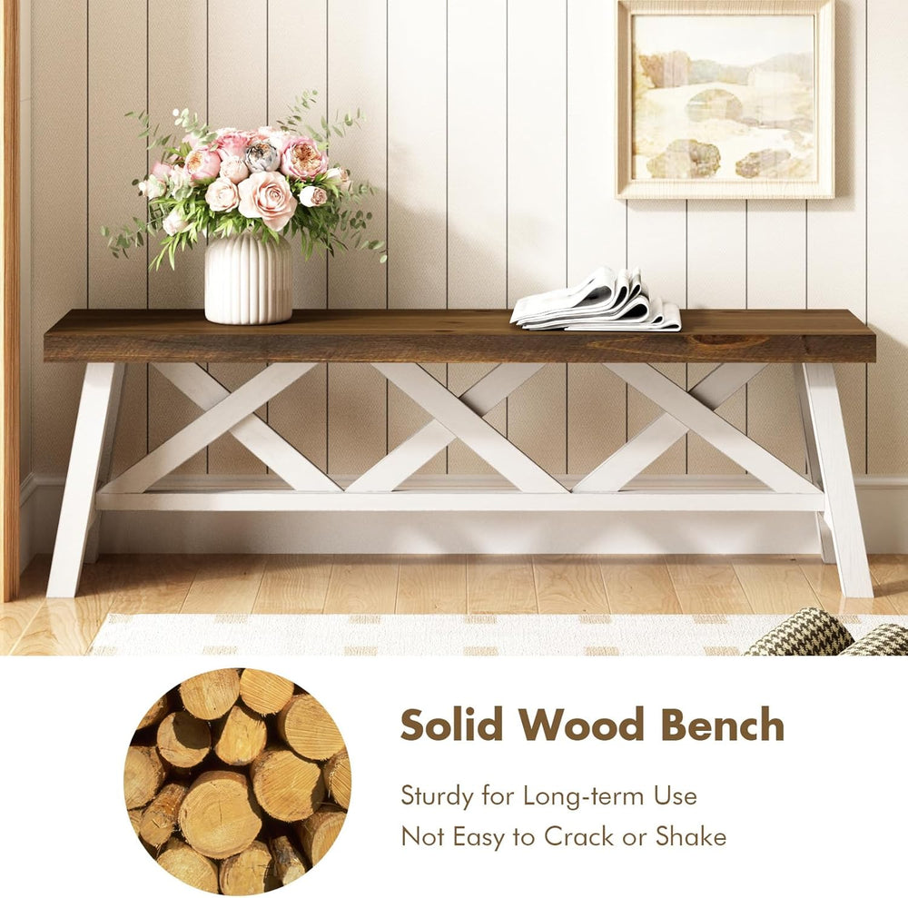 Wnutrees 54" Farmhouse Wood Bench, Rustic Solid Wood Entryway Bench Seat...