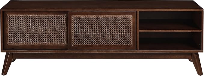 Ball & Cast 59" Mid Century Modern TV Stand for TVs up to 65", Media Console with Rattan Sliding Doors, 2 Open Shelves & Solid Wood Legs, Entertainment Center for Living Room,Bedroom,Walnut