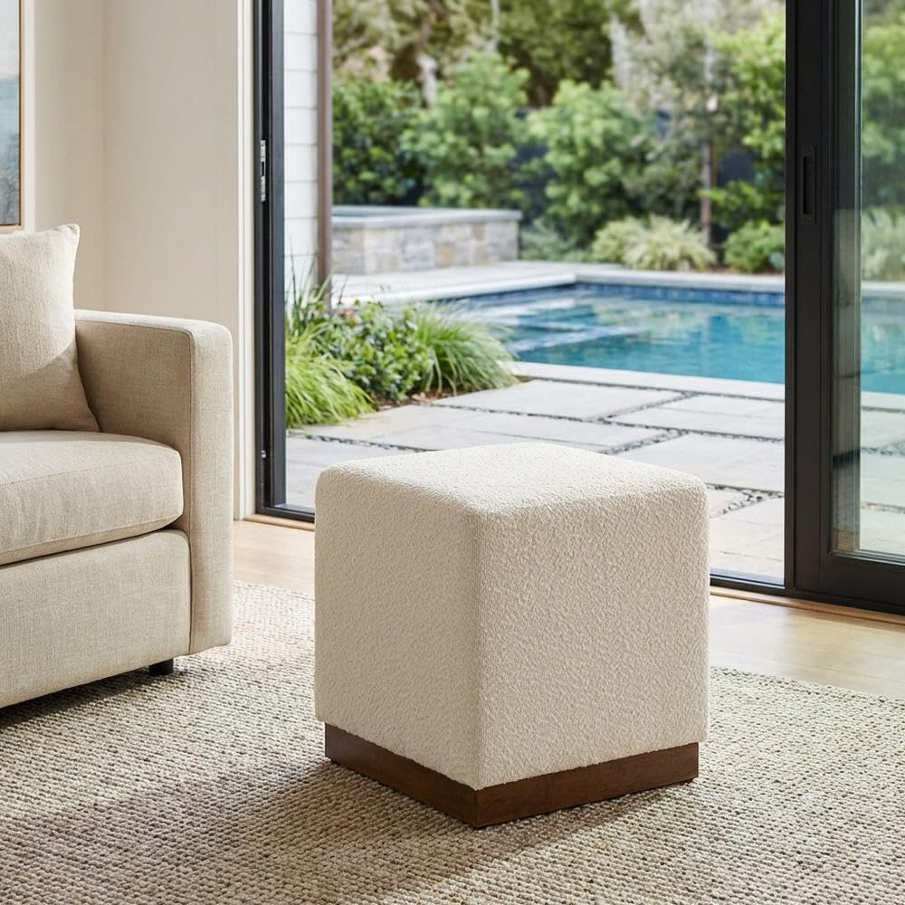 Brown 17" Square Boucle Upholstered Ottoman, Indoor-Outdoor Seating, Plu...