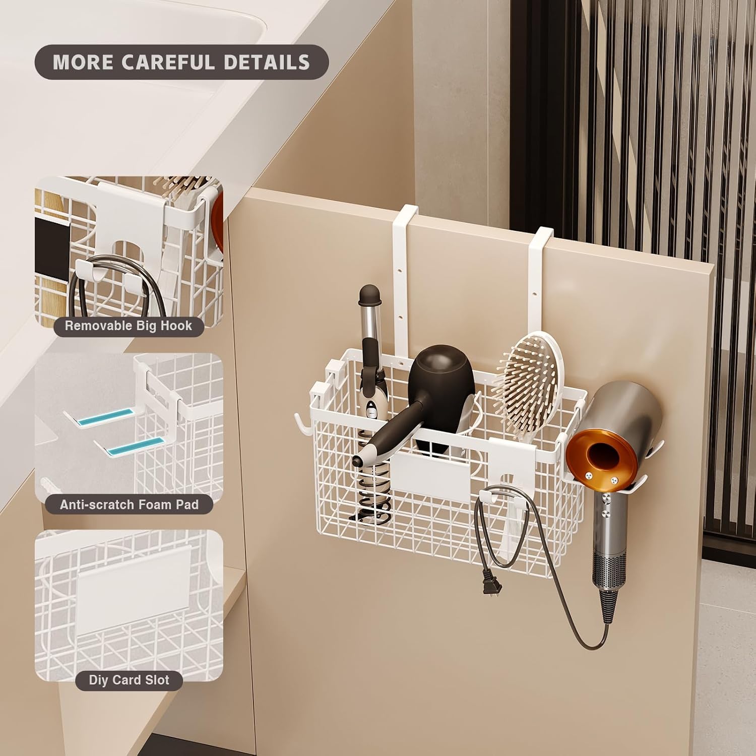Hair Dryer Holder Cabinet Door 3-in-1 Adhesive Hair Tool Organizer Wall Mounted Adjustable Height Blow Dryer Holder Under Sink Bathroom Hair Appliance Organizer and Storage Countertop(White)
