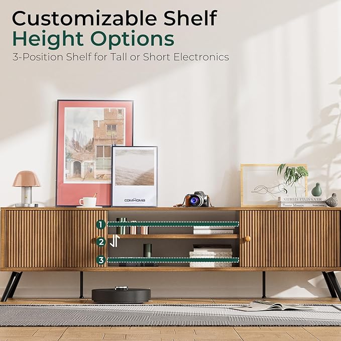 COMHOMA TV Stand for Living Room, Mid Century Modern Entertainment Center for 65/70/75 Inch TVs, Retro Brown TV Console with Fluted Door Cabinets and Open Adjustable Shelve Storage for Bedroom (70In)