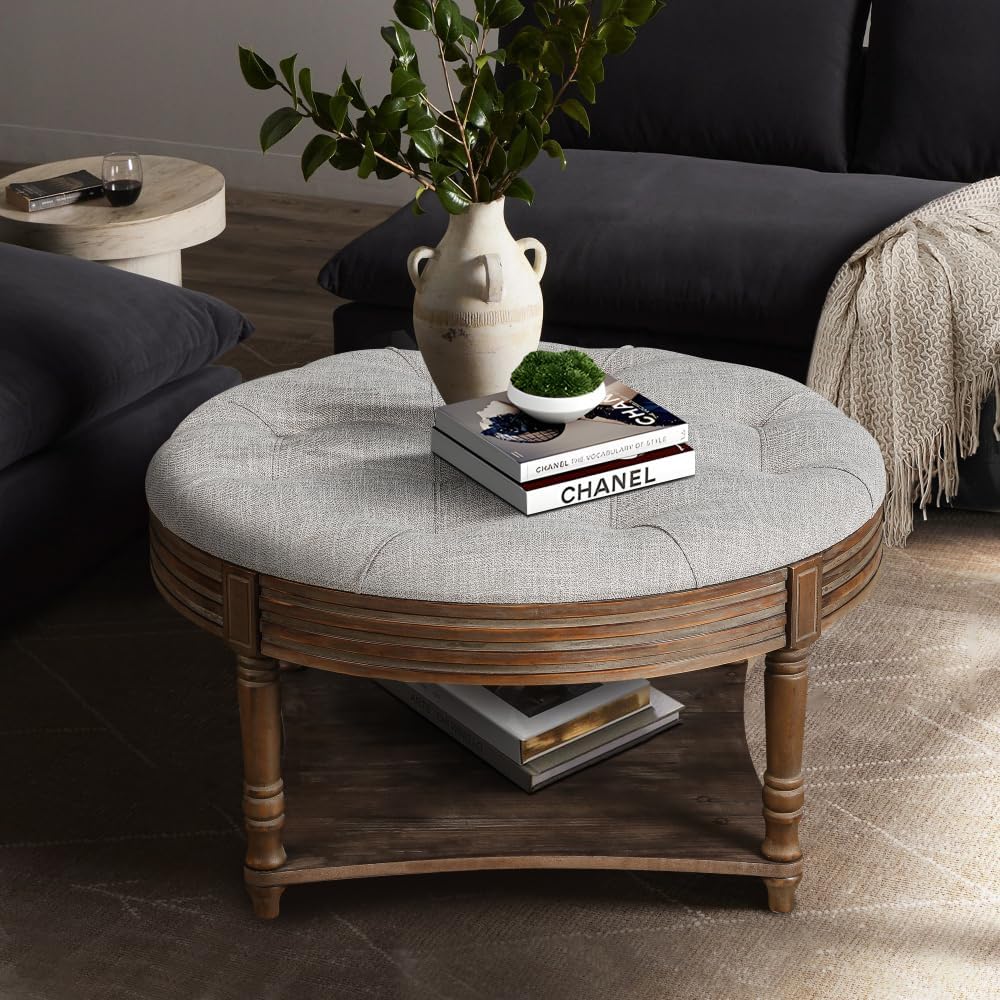 Large Round WaterProof Ottoman Coffee Table 2 Tier Oversized Button Tufted Ot...