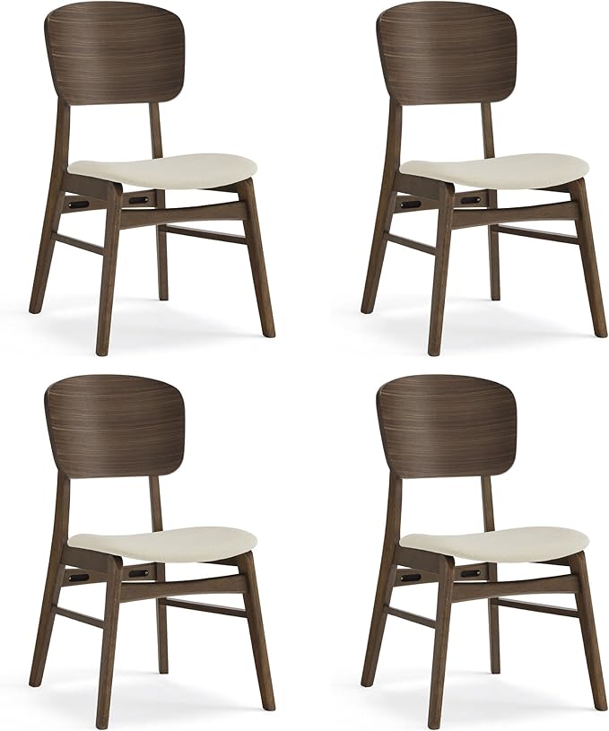 Wooden Dining Chairs Set of 4, Upholstered Modern Dining Room Chairs, Mid Century Oak Kitchen Chairs with Ergonomic Wood Backrest for Farmhouse, Restaurant, Café (Cream Fabric & Walnut Color)
