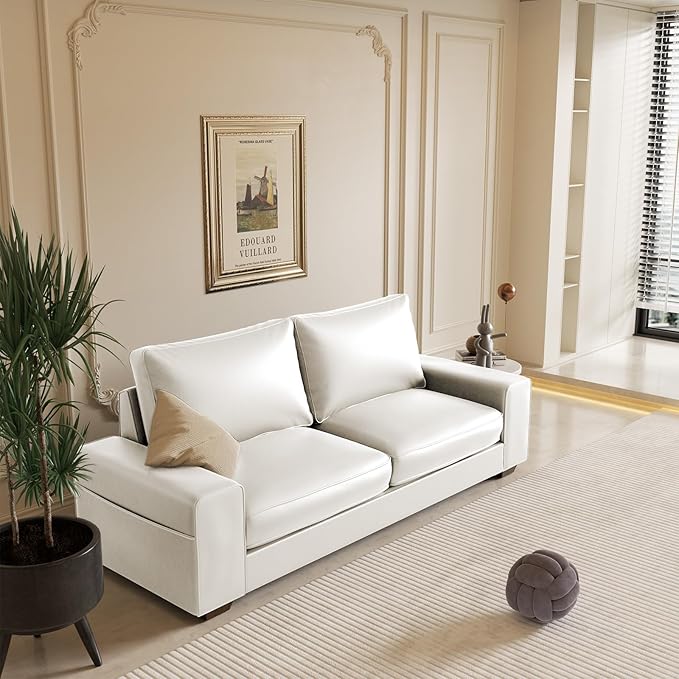 Faux Leather Couch, Mid Century Modern Comfy Loveseat Sofa with Wide Arm, Side Pockets, Solid Wooden Frame for Office, Living Room and Bedroom, 3 Seater (White, 88.58 inches)