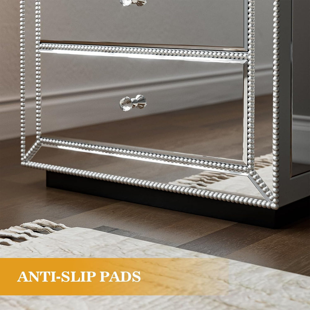 IKIFLY Mirrored Nightstand with 3 Drawers, Silver End Table with Crystal Hand...