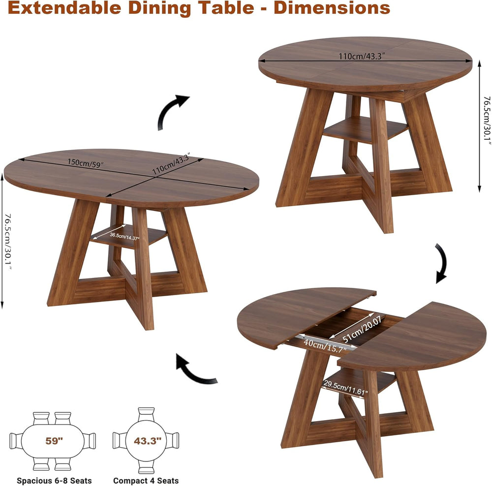 43.3in-59in Extendable Dining Table for 4-6, Round Kitchen Dining Room Table ...