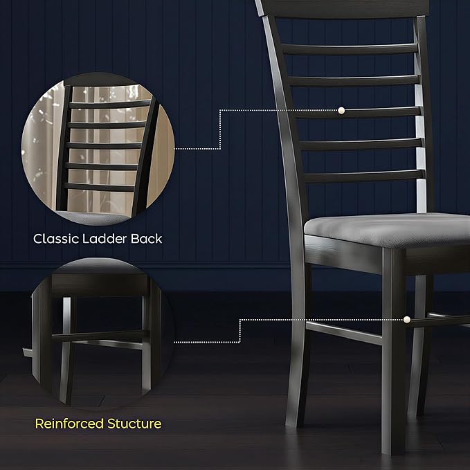 HOMCOM Wooden Dining Chairs Set of 4, Farmhouse Upholstered Kitchen Chairs with Rubber Wood Frame for Living Room, Dining Room, Black and Gray