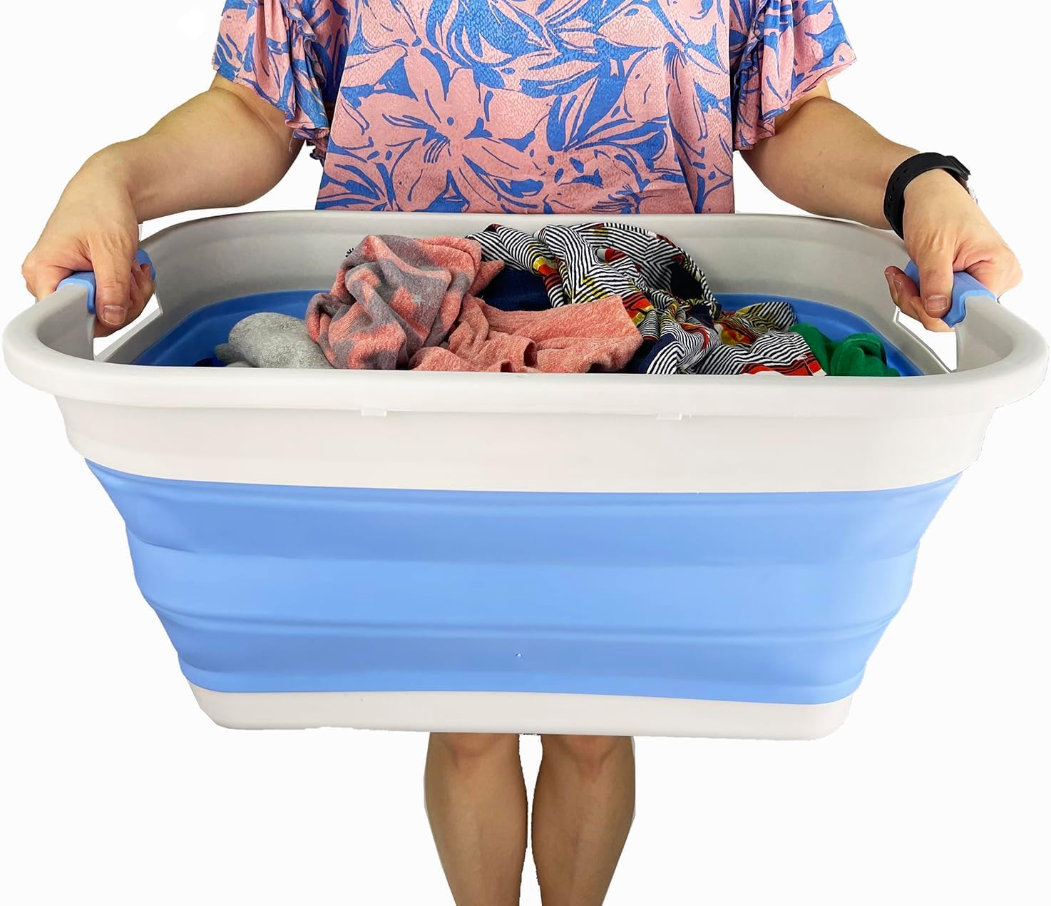 SAMMART 41L (10.8 gallon) Collapsible Plastic Laundry Basket - Foldable Pop Up Storage Container/Organizer - Portable Washing Tub - Space Saving (Grey/Little Boy Blue, Rectangular)