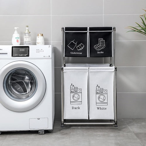 2 Tier Laundry Sorter with 4 Removable Bags for Organizing Clothes - Large Freestanding Laundry Hamper - Laundry Basket for Dirty Clothes in Laundry Room