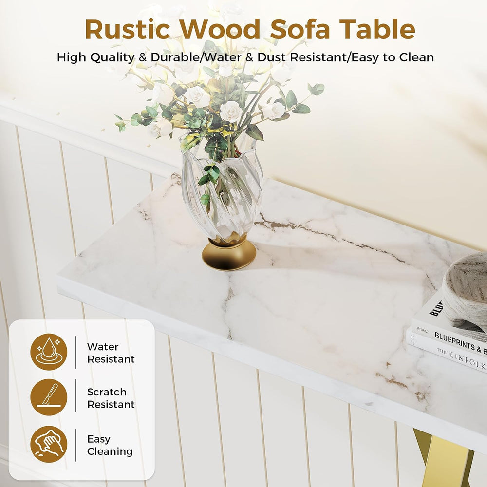 43.3" Gold Console Table, Modern Entryway Table with White Faux Marble T...